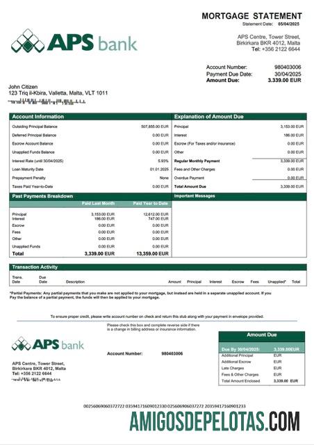 imprimível Modelo Word e PDF de declaração de hipoteca do Malta APS Bank PLC
